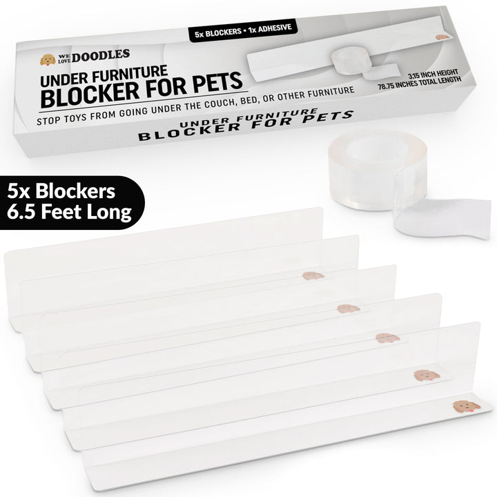 White retail box with We Love Doodles branding, five clear L shaped panels, and a roll of clear double sided tape. Text shows 5x blockers and about 6.5 feet total length.
