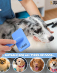 A person gently brushes a merle dog with a blue slicker brush. A banner notes that it is suitable for all types of dogs with small breed portraits below.