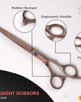 Product image of rose gold straight grooming scissors with labels for rubber bumper, ergonomic handle, and finger rest.
